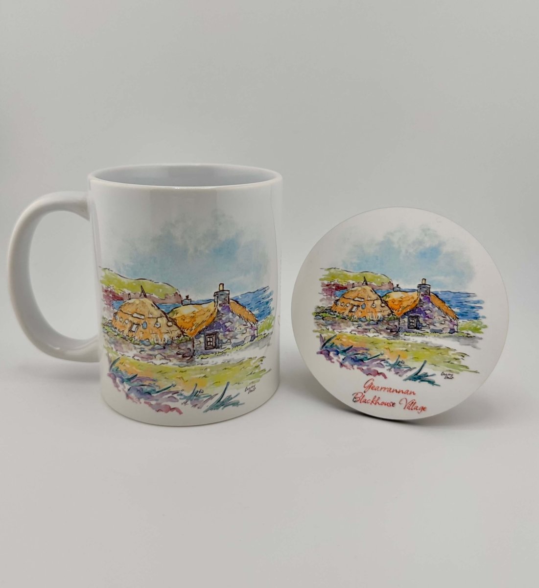Gearrannan blackhouse village mugs and coasters - Stout Crafted