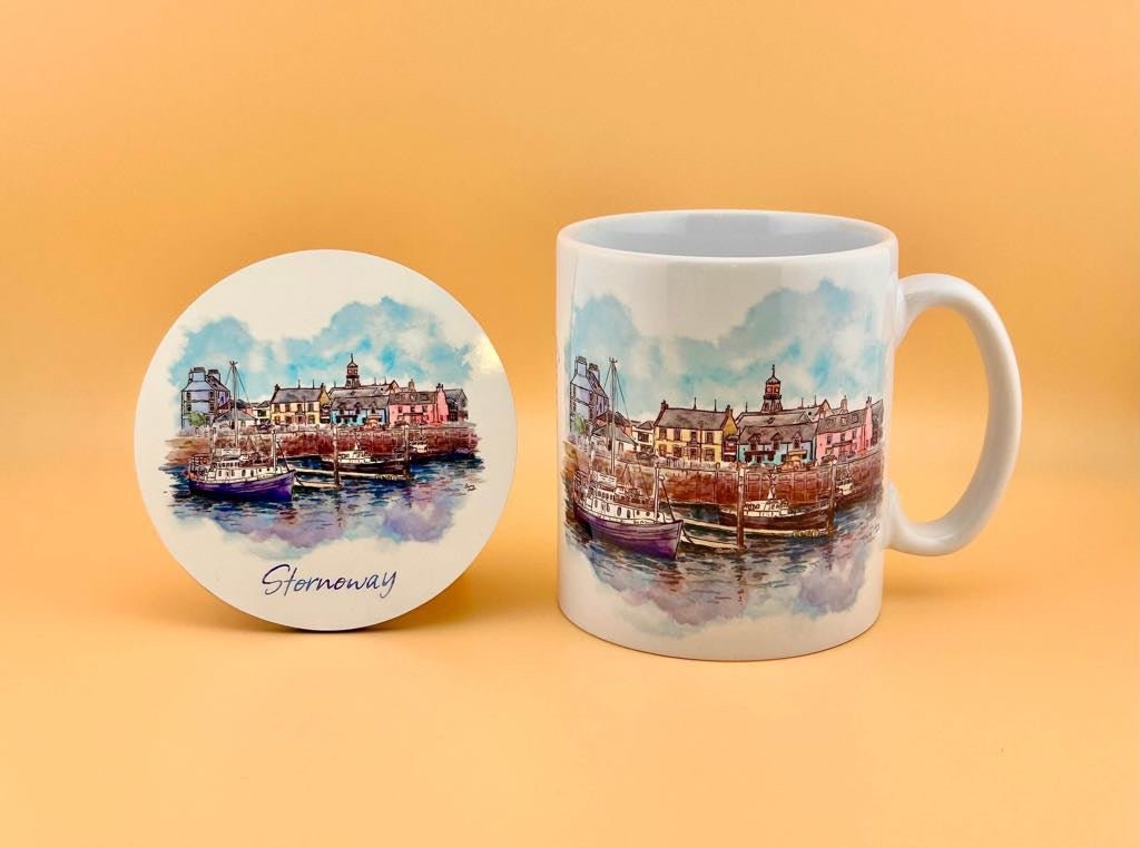 Stornoway harbour mugs and coasters - Stout Crafted