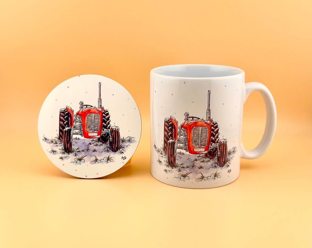 Winter tractor mugs and coasters - Stout Crafted