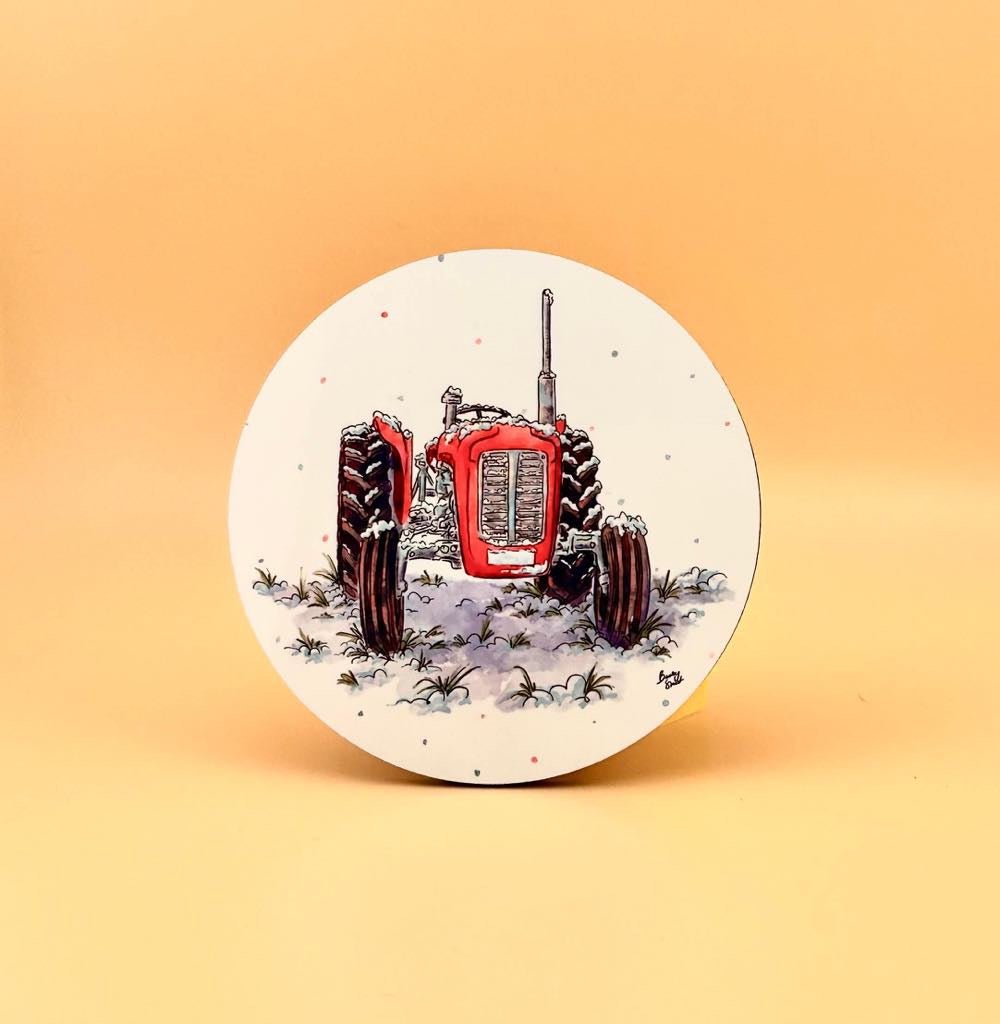 Winter tractor mugs and coasters - Stout Crafted